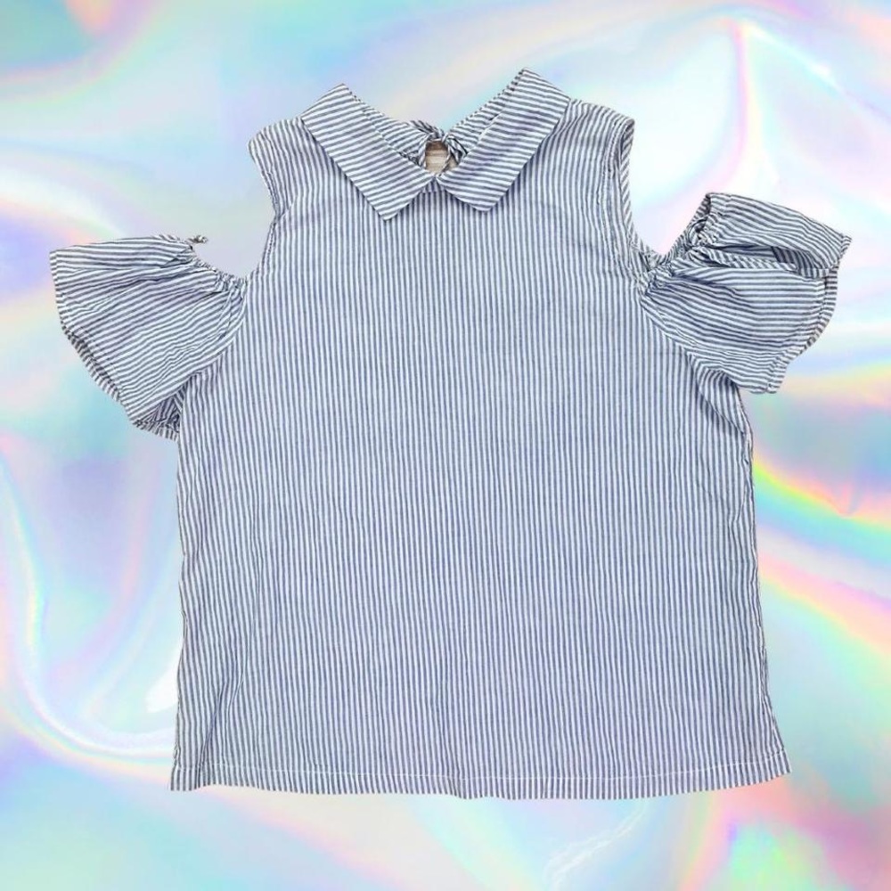 Anthropologie Cold Shoulder Collared Blouse with Blue and White Stripes